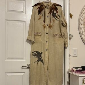 ARare Bird Bohemian Feather-Trim Long Coat in Beige